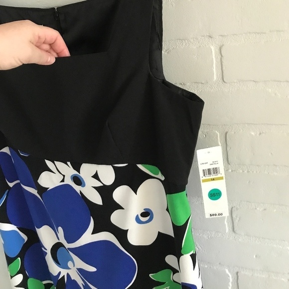 NWT London Times Mini Dress Black/Kelly Green/Blue Mod floral Retro Size 14 - Picture 3 of 11